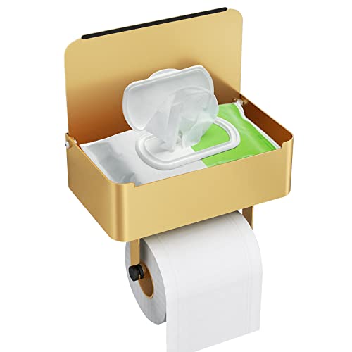 JUYSON Toilet Paper Holder, Toilet Paper Holder with Shelf, Color Gold | Wall Mount, SUS304 Stainless Steel, Flushable Wipes Dispenser, Easy Installation, for Bathroom Wipe Storage - color: Gold