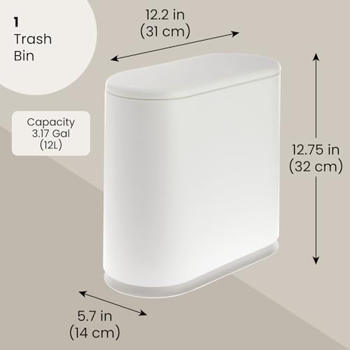 Juvale Bathroom Trash Can - 3.17 Gallon (12L), White - Slim Narrow Waste Basket with Press-Top Lid - Slim Kitchen Trash & Garbage Bin for Bathroom Decor