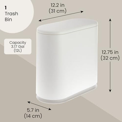 Juvale Bathroom Trash Can - 3.17 Gallon (12L), White - Slim Narrow Waste Basket with Press-Top Lid - Slim Kitchen Trash & Garbage Bin for Bathroom Decor