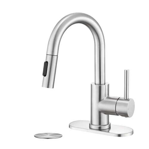 Brushe Nickel Bathroom Sink Faucet with Pull Down Sprayer | 2 Mode Sprayer, with Deck Plate for 1 or 3 Hole, 360° Swivel, with Pop Up Drain for Vanity Bar RV Basin Laundry - color: Brushed Nickel