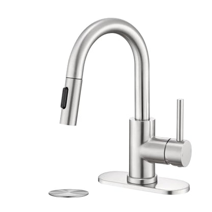 Brushe Nickel Bathroom Sink Faucet with Pull Down Sprayer | 2 Mode Sprayer, with Deck Plate for 1 or 3 Hole, 360° Swivel, with Pop Up Drain for Vanity Bar RV Basin Laundry - color: Brushed Nickel