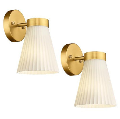 Gold Wall Sconces Set of Two, HWH Modern Bathroom Vanity Sconce Wall Lighting Indoor Wall Lamp with Frosted White Striped Glass, 5HZG97B-2PK BG - color: Brushed Gold, size: 1-Light*2