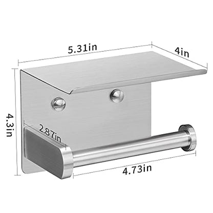 VAEHOLD Self Adhesive Toilet Paper Holder with Phone Shelf Stainless Steel Wall Mounted Toilet Paper Roll Holder - Rustproof and Bathroom Washroom Tissue Roll Holder with Storage Shelf - Silver - color: Silver