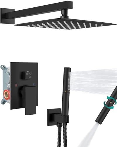 Aolemi Shower System with Rain Head and Handheld,12-Inch,Matte Black | High-Pressure Shower Faucet Set with Dual-Function Handheld,Rough-In Valve,1.8 GPM,Wall-Mount Trim Kit - color: Matte Black, size: 12 Inch