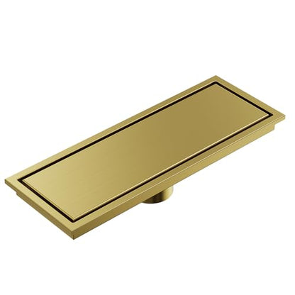 12-Inch Linear Shower Drain, Brushed Gold SUS304 Stainless Steel with 2-in-1 Tile Insert Cover & Flat Grate, High Flow Floor Drainer with Hair Strainer, Adjustable Feet - color: Brushed Gold, size: 12