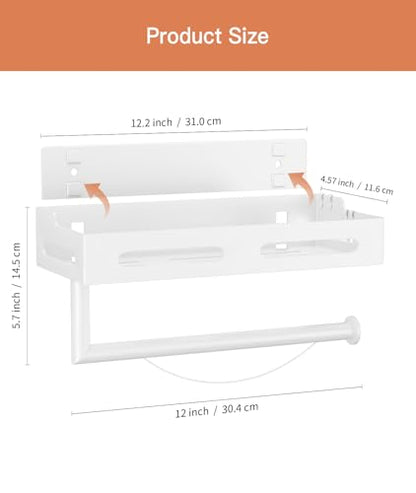 Paper Towel Holder Wall Mount with Shelf, Easy One Hand Tear, Adhesive Glue or Drill Mount Hanging Paper Towel Holder with Shelf for Kitchen/Bathroom/RV, White Metal, 4 Hooks - color: White
