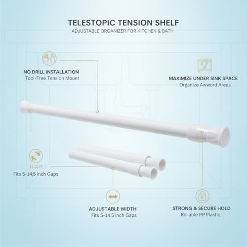Adjustable Telescopic Tension Shelf for Under Sink Storage, No-Drill PP Plastic Cabinet Organizer Rack, White (1 Pack) - size: 16.14 x 0.51 x 0.51 in