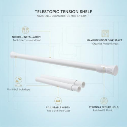 Adjustable Telescopic Tension Shelf for Under Sink Storage, No-Drill PP Plastic Cabinet Organizer Rack, White (1 Pack) - size: 16.14 x 0.51 x 0.51 in