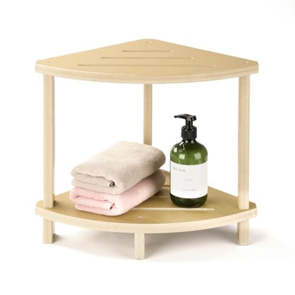 Corner Shower Stool for Inside Shower, 17in Shower Foot Rest for Shaving Legs with Storage Shelf 2-Tier, Waterproof Bath Stool Bench for Small Spaces Bathroom Seat