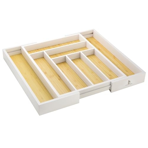 Bamboo drawer organizer, utensil holder, silverware organizer, and adjustable cutlery tray with drawer dividers, for kitchen, office desk, and bathroom storage (White) - color: White