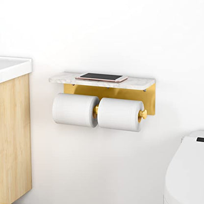 Gypie Brushed Gold Toilet Paper Holder with Marble Shelf, Double Rolls | Toilet Paper Holder with Storage, Toilet Paper Wall Mount for Bathroom Washroom - color: Gold Double