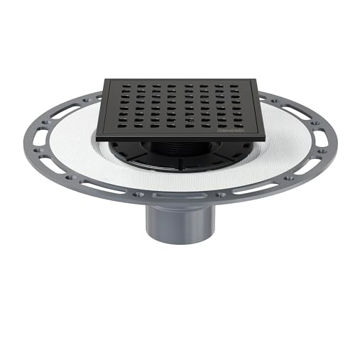 Neodrain 6 in Matte Black Square Shower Drain with PVC Bonding Flange Base | 304 Stainless Steel Floor Drain with waterproof Fabric, Drain Grate Removable, Drain Key for Low Profile Shower Pan - color: Matte Black, size: 6 inch with PVC base