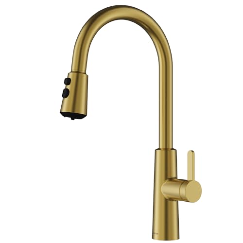 Karran Elmsworth Commercial Style Pull-Down Kitchen Faucet with Dual Interchangeable Spray Heads 5-Function Revolve MAX & 3-Function Revolve Mini Aerator High-Arc Spout (Spot Free Brushed Gold) - color: Spot Free Brushed Gold