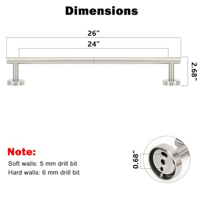 NearMoon Bath Towel Bar, Thicken Stainless Steel Shower Towel Rack Holder Wall Mounted for Bathroom, 26-lnch Overall Length-24-lnch Usable Hanging Space (1 Pack, Brushed Nickel) - color: Brushed Nickel, size: 26 Inch