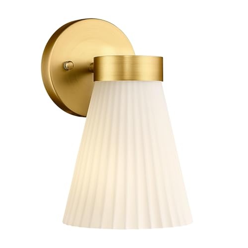 Gold Wall Sconce, HWH Single Wall Light Fixture Brushed Gold Wall Lamp with Frosted Milk White Striped Glass Shade, Modern Indoor Wall Sconce for Kitchen Bedroom Schoolhouse, 5HZG97B BG - color: Brushed Gold, size: 1-Light