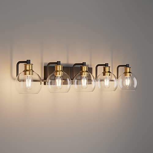 Tipace Vintage Vanity Light Fixture,5-Light Industrial Black & Gold Bathroom Lighting with Globe Clear Glass Shades Farmhouse Bath Lighting (Exclude Bulb) - color: Black&Gold, size: 5-Light
