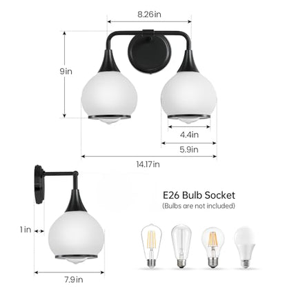 Black Bathroom Light Fixtures 2 Lights Vanity Lights with Milky White Frosted Glass Shade Bathroom Vanity Light 14 inch Wall Sconce Lighting Bath(Exclude E26 Bulb) - color: Black, size: 2 Light