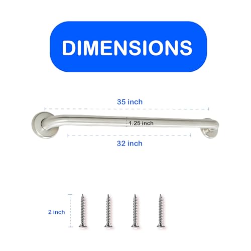 32” Shower Handle Smooth Grip | 304 Stainless Steel Grab Bars for Bathtubs and Showers | Brushed Nickel ADA Standard Hand Rails for Seniors, Children, Injured People | Supports Upto 400lbs - size: 32 in. Smooth Grip