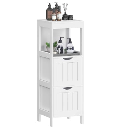 VASAGLE Storage Cabinet, Storage Organizer Rack Stand for Bathroom, Living Room, Multifunctional Corner Unit, 2 Drawers, 35 Inches in Height, White UBBC42WT - color: White, size: 35"H