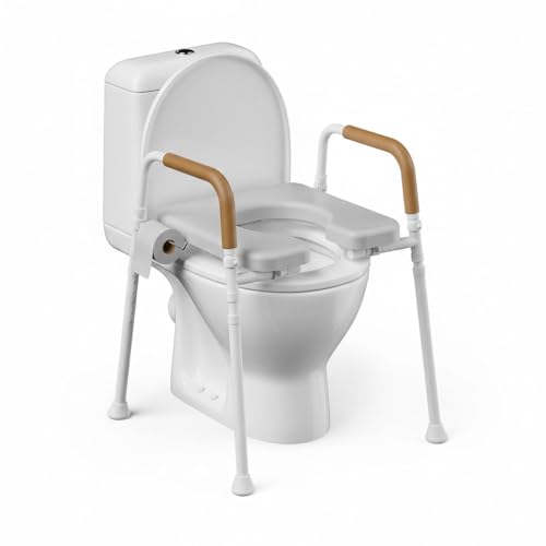 Raised Toilet Seat with Handles for Seniors, Toilet Seat Riser | Unobstructed Front Design, Adjustable Height, For Elderly & Handicap, Fits Any Toilet, 350lbs Capacity
