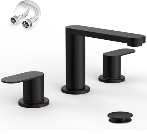 BWE Matte Black Bathroom Faucet 3 Hole 8 Inch Widespread Sink Faucets | Vanity Faucets with Pop-up Drain and Supply Lines, 360° Swivel Spout 2-Handle Sink Faucet Taps for Washstands for Bath - color: Black, size: 8 Inches Widespread