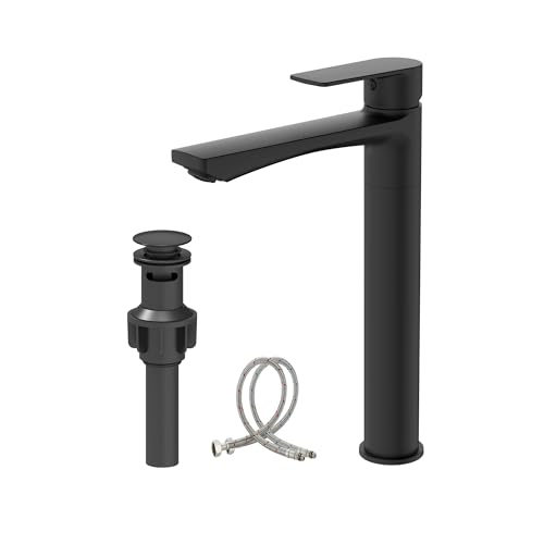BELZ Black Bathroom Faucet, Tall Single Hole Vessel Sink Faucet 11.7'' | Lead-free, Anti-peeling PVD Black Finish, Modern Single Handle Design with Pop-Up Drain & Hoses for Bathroom RV Sink Vanity - color: Matte Black