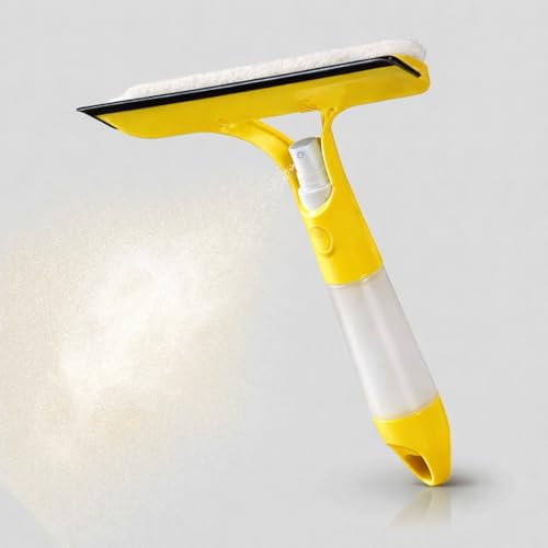 3-in-1 Window Squeegee with Spray Bottle, Handheld Glass Cleaning Tool with Microfiber Scrubber and Silicone Blade, Refillable Window Cleaner for Mirrors, Shower Doors, Tiles & Car Windows (Yellow) - color: Yellow