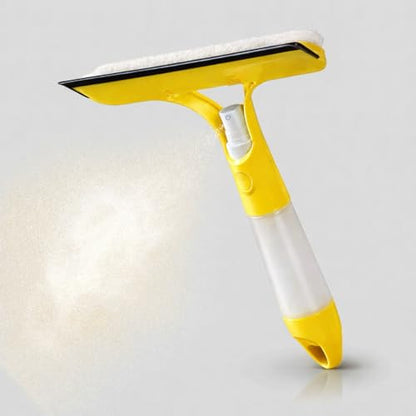 3-in-1 Window Squeegee with Spray Bottle, Handheld Glass Cleaning Tool with Microfiber Scrubber and Silicone Blade, Refillable Window Cleaner for Mirrors, Shower Doors, Tiles & Car Windows (Yellow) - color: Yellow