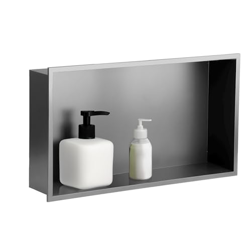 SaniteModar Stainless Steel Shower Niche 24" x 12" Gray No Tile Needed | No Tile Needed, Recessed Horizontal Bathroom Niche, Waterproof, Space-saving, Easy Setup, Built-in Storage for Bathroom - color: Grey, size: 12" x 24", Single