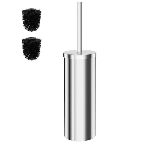 Heavy Duty Stainless Steel Toilet Brush Set with Holder(2 Brush Heads) – Rustproof Toilet Bowl Brush, Compact Cylinder Base, Extra Long Handle for Deep Cleaning, Silver - color: Silver