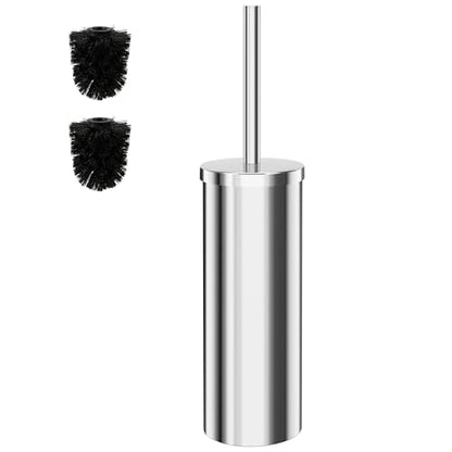 Heavy Duty Stainless Steel Toilet Brush Set with Holder(2 Brush Heads) – Rustproof Toilet Bowl Brush, Compact Cylinder Base, Extra Long Handle for Deep Cleaning, Silver - color: Silver