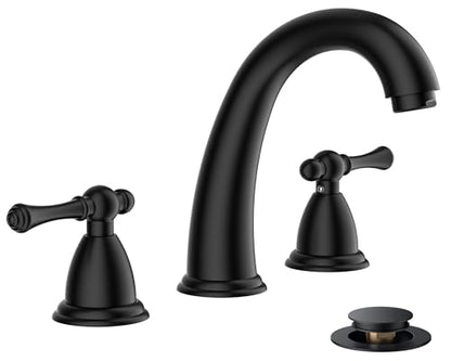 FORIOUS Bathroom Faucet 3 Hole Widespread 8" Sink Faucets Matte Black | 3-hole 6-12 Inch Widespread Sink, 2 Lever Handle, with Drain and Hoses,for Vanity Rv Commercial Lavatory Restroom Farmhouse - color: Matte Black, style: Classic