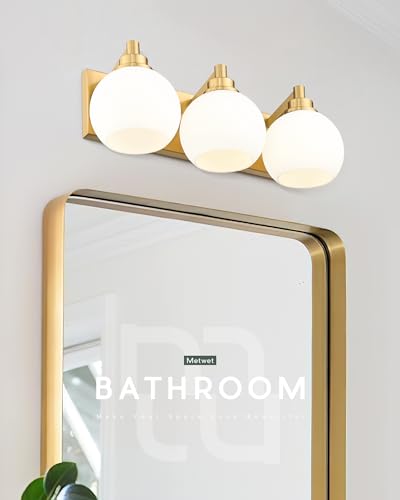 Bathroom Light Fixtures, 3-Light Brushed Gold Vanity Light, Modern Wall Sconces with Milk White Globe Glass Shade, Vanity Lighting Fixtures Over Mirror, VL195-BG-ML-3 | 18" modern bathroom light fixtures over mirror, E26 base, bulbs not included, VL195-BG