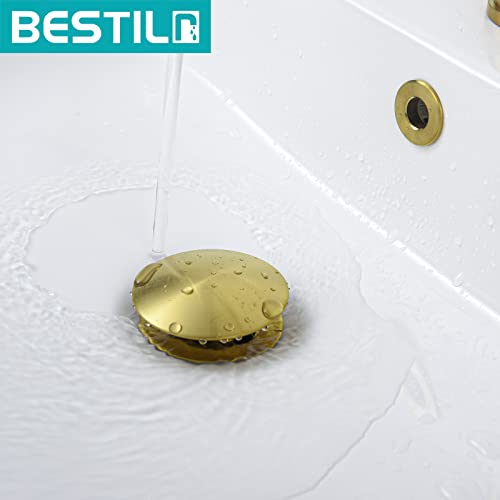 BESTILL Bathroom Sink Drain Stopper, Push Pop Up Drain with Overflow, Brushed Gold - color: Brushed Gold, style: with Overflow