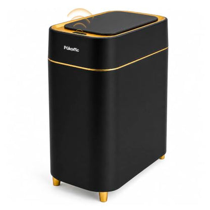Pukomc Motion Sensor Wastebasket,2.3 Gallon Bathroom Trash can with lid | Touchless Smart Plastic Slim Wastebasket,Quiet Close Waste Bin for Bathroom,Office,RV,Bedroom,Living Room - color: Black