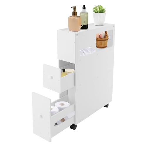 Bathroom Storage Cabinet with Wheels, 30in PVC Narrow Floor Storage Cabinet, Small Bathroom Storage Cabinet with Drawers for Bathroom, Toilet, Bedroom, Laundry Room, Kitchen(White) - size: 30in with Wheels