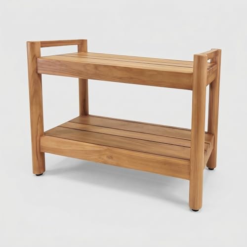 Asta Select Solid Teak 26" Shower Bench with Arms, Portable Teak Wood Spa/Shower/Outdoor Bench with Storage Shelf, Accent Side Table, Fully Assembled, ST-62A