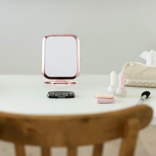 Amosfun Double Sided Makeup Mirror with Magnifying Side, Tabletop Folding Vanity Mirror for Bathroom Countertop and Vanities, Space-Saving Plastic Design in Stylish Golden Finish