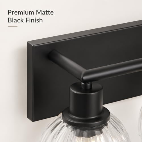 Black Bathroom Vanity Light Over Mirror, 3 Light Vanity Light Fixture with Clear Fluted Glass Shades, 18.3 Inch Wall Mount Bathroom Lighting Fixture, E26 Base