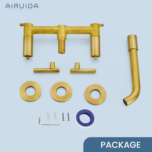 Airuida Wall Mounted Antique Brass 3 Hole Dual Handle Bathroom Faucet with 360 Swivel Spout Vanity Sink Mixer Tap, Matte Finish | Lever Handle,3 Holes,360° Widespread Swivel Spout,Rotatable Bathroom Faucet - color: Antique Brass
