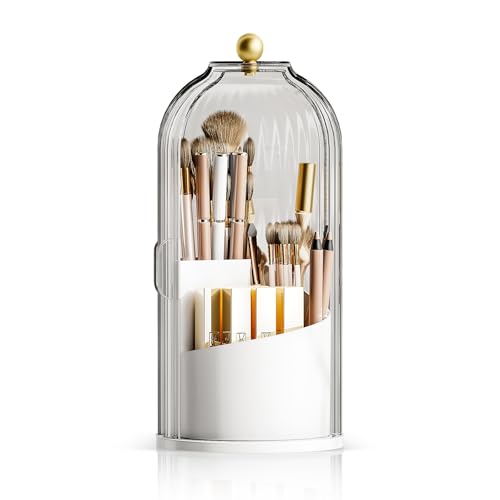 Dustproof Toothbrush Holder with Lid, 360 Rotating Countertop Electric Toothbrush Toothpaste Holders with Cover for Bathroom, 3 Slots Makeup Brush Holder with Lid for Vanity, White-Clear - color: White with Clear Lid