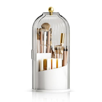 Dustproof Toothbrush Holder with Lid, 360 Rotating Countertop Electric Toothbrush Toothpaste Holders with Cover for Bathroom, 3 Slots Makeup Brush Holder with Lid for Vanity, White-Clear - color: White with Clear Lid