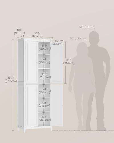 VASAGLE Floor Storage Cabinet, Freestanding Storage Unit with 4 Doors, Adjustable Shelves, 11.8 x 23.6 x 66.9 Inches, for Entryway, Bathroom, Cloud White UBBC550W01 - size: 11.8"D x 23.6"W x 66.9"H, style: 4 Doors