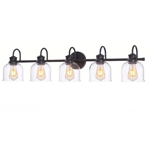URSOLA 5 Lights 40" Bathroom Vanity Light Fixtures, Matte Black Traditional Classic Vanity Light with Clear Glass, Bathroom Lighting Fixtures Over Mirror - color: Black, size: 5 Lights