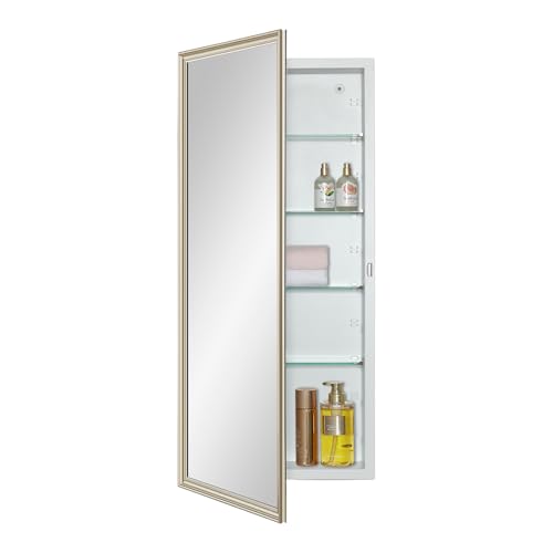 IDYLLOR White Medicine Cabinet with 16x36 Inch Gold Frame Mirrored Door, Wall Mounted Storage, Recessed or Surface Mount, 4 Adjustable Glass Shelves, Vanity Organizer for Bathroom, Bedroom, Hallway - color: Matte White, size: 16x36 inch Framed Mirrored Do