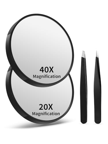 Macaki 20X&40X Magnifying Mirrors with Suction Cups and 2 Tweezers Set，3.5 inches Magnified Makeup Mirror, Black, 2PCS - color: Black-20x&40x