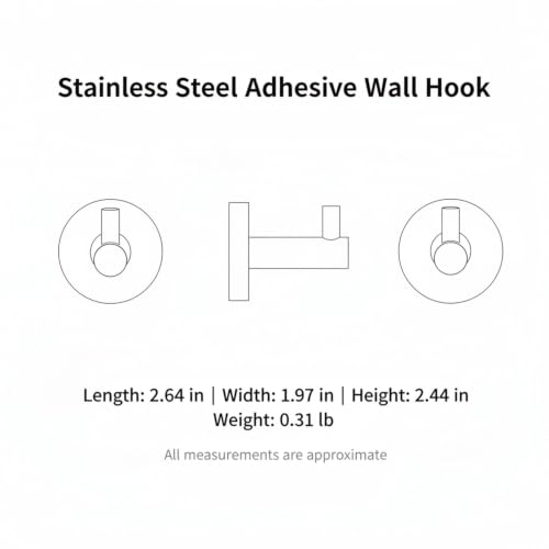 Wall Hook Stainless Steel Adhesive Mount for Bathroom Tile and Glass, Drill-Free Holder for Wet Towels and Robes (1 Piece) - size: 2.64 x 1.97 x 2.44 in