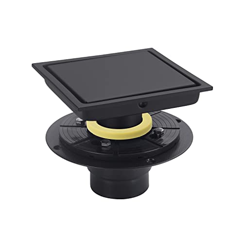6 Inch Shower Drain Square Black Matte，with Adjustable Drain Flange Kit Base PVC, Removable Grid Strainer Cover and Invisible Floor Tile Insert, SUS304 Stainless Steel - color: Matte Black