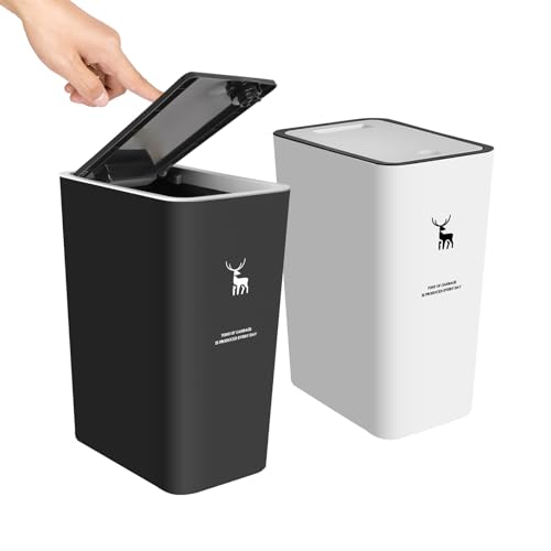 XPIY Trash Can with Lid, 2 Pack 4 Gallons/15 Liters Garbage Can | Small plastic waste basket with press top, dog proof design for bathroom|kitchen|bedroom|office use. (BlackWhite) - color: BlackWhite