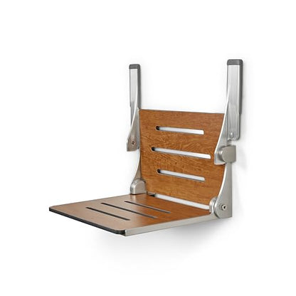 Seachrome Silhouette Comfort Folding Wall Mount Shower Bench Seat with Arms, Rustic Teak Seat with Silver Frame - color: Rustic Teak With Silver Frame